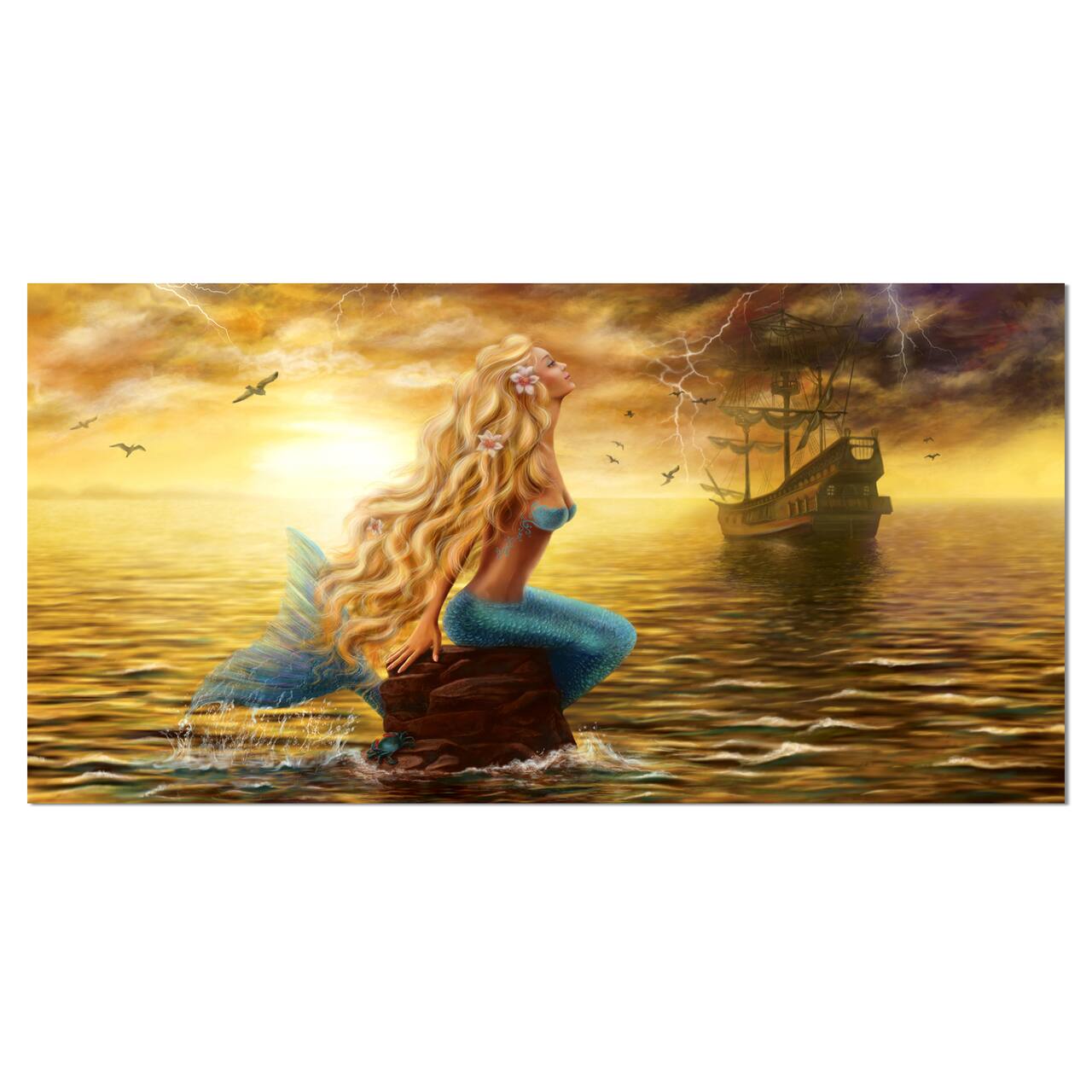 Designart - Sea Mermaid with Ghost Ship - Seascape Canvas Art Print